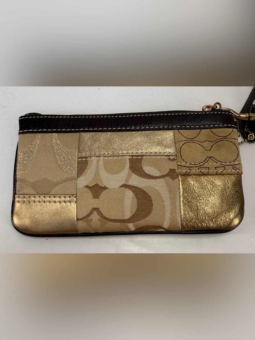 Vintage Y2K Coach Metallic Patchwork Wristlet - Gold and Tan - Picture 1 of 15